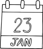 calendário desenhado à mão em estilo doodle. 23 de janeiro. dia nacional da caligrafia, data. ícone, elemento de adesivo para design. planejamento, férias de negócios vetor