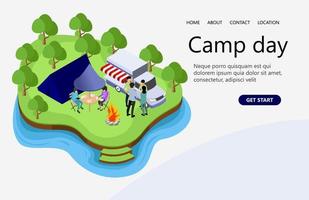 ilustração do acampamento familiar com fogueira e tenda adequada para página de destino, folhetos, infográficos e outros ativos relacionados a gráficos vetor