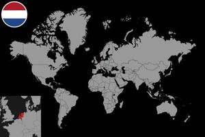 pin mapa com bandeira da Holanda no mapa do mundo. ilustração vetorial. vetor