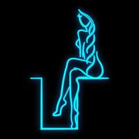 sinal de néon azul luminoso brilhante para um banho de sauna de spa de salão de beleza lindo spa de beleza brilhante com uma mulher sentada com uma figura esbelta e pernas em um fundo preto. ilustração vetorial vetor