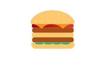 hambúrguer apetitoso com recheio em um fundo branco, ilustração vetorial. hambúrguer duplo com sementes de gergelim por cima. recheio duplo de carne com tomate e carne. almoço saudável saudável vetor