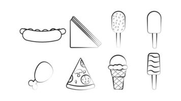 conjunto preto e branco de oito ícones de deliciosos itens de comida e lanches para um restaurante bar café em um fundo branco cachorro-quente, sanduíche, sorvete, frango, pizza vetor