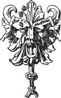 máscara grotesca puxada está em um pedestal de uma coluna em um túmulo em pforzheim, gravura vintage. vetor