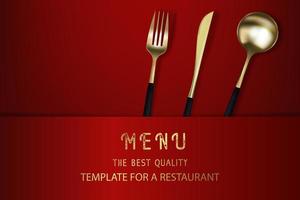 garfo, faca e colher dourados 3d realistas em um fundo vermelho. cartaz moderno na moda para um restaurante. ilustração em vetor vista superior.