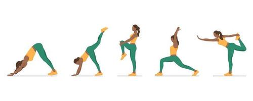 conjunto de poses sem rosto, preto, mulher de pele escura, ioga e alongamento, coleção de posições de ioga de desenho feminino isoladas no fundo branco, treino de ioga de corpo inteiro vetor