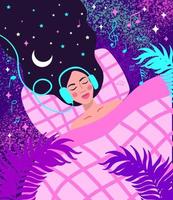 menina dormindo com fones de ouvido. mulher sonhando no céu noturno e estrelas. ilustração vetorial vetor