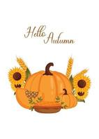 cartão postal de outono com abóbora, girassol, espigas de trigo e torta vetor