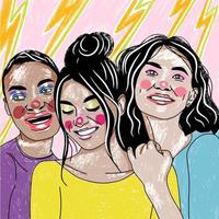 retratos de um grupo de meninas com um fundo brilhante, pop art vetor