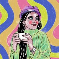 garota com um suéter quente com uma xícara de café, ilustração com fundo geométrico brilhante vetor