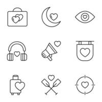 conjunto de símbolos de contorno moderno para lojas de internet, lojas, banners, anúncios. vetor ícones de linha isolada de coração por mala, a lua, olho, fones de ouvido, alto-falante