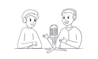 dois meninos gravam um podcast, programa de rádio online. pessoas com fones de ouvido estão falando em um microfone. contorno, livro para colorir em branco vetor