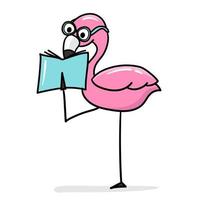 flamingo rosa, personagem de zoológico usando óculos e lendo um livro. ilustração vetorial de desenho animado em branco vetor