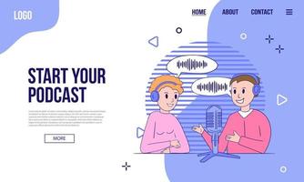 podcast ou banner da web de conteúdo de áudio ou modelo de página de destino. ilustração vetorial plana com dois anfitriões de podcast, formas geométricas abstratas vetor