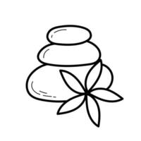 pedra zen com flor - ícone de doodle de contorno. conceito de spa com ilustração de pedras zen em branco vetor