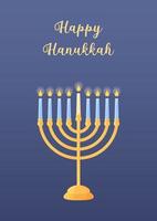 cartão de felicitações de hanukkah. ilustração vetorial com castiçal chanukiah símbolo tradicional feriado religioso judaico. menorá com velas acesas. cartão postal vertical vetor