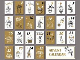 calendário do advento de natal com elementos de design desenhados à mão e caligrafia de caneta pincel moderna manuscrita. conjunto de imprimíveis de vetor. cores brancas, pretas e douradas.
