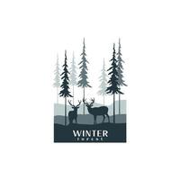 silhueta de veado e floresta de pinheiros de inverno para design de vetor de logotipo de natureza selvagem