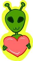 um alienígena verde segurando um coração, vetor ou ilustração colorida.