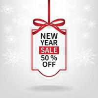 ano novo etiqueta de preço de venda modelo de fita vermelha fundo de floco de neve vetor