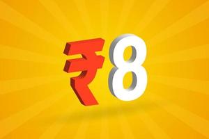 8 rupia símbolo 3d imagem de vetor de texto em negrito. 3d 8 rupia indiana ilustração vetorial de sinal de moeda