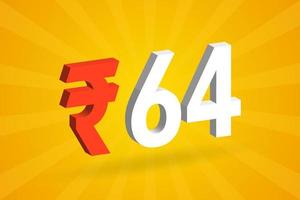 64 rupia símbolo 3d imagem de vetor de texto em negrito. 3d 64 rupia indiana ilustração vetorial de sinal de moeda