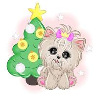 lindo cachorro yorkshire terrier ao lado de uma ilustração vetorial de árvore de natal vetor