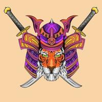 ilustração de arte de cabeça de cavaleiro de tigre samurai japonês e design de camiseta capacete de tigre samurai inspirado no estilo de desenho japonês vetor