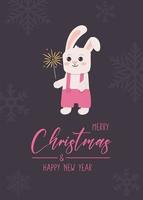 cartão de natal com coelhinha segurando um diamante ardente. texto de saudação feliz natal e feliz ano novo. bela ilustração para cartões, cartazes e design sazonal. vetor