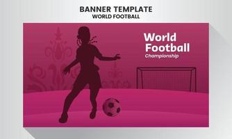 menina adulta jogador silhueta de futebol banner fundo campeonato mundial de futebol tema roxo vetor