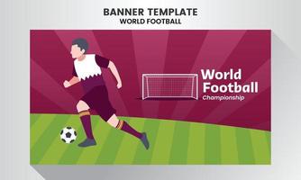 jogador de futebol driblando banner sobre o tema do campeonato mundial de futebol vetor
