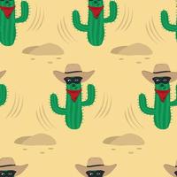 padrão perfeito de cacto cowboy, personagem de cacto verde com chapéu e máscara de olho no deserto, repetir design para impressão em produtos para bebês, tecido, papel de parede, artigos de papelaria vetor