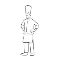 comprimento total do chef em pé com os braços akimbo ilustração vetorial desenhado à mão isolado na arte de linha de fundo branco. vetor