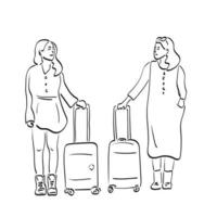 duas mulheres com malas ilustração vetorial mão desenhada isolada na arte de linha de fundo branco. vetor