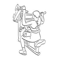 vista traseira do treino desportivo da mulher na máquina de exercício lat na ilustração do ginásio mão desenhada isolado na arte de linha de fundo branco. vetor