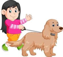 uma garotinha está andando com sua cadela e acenando com a mão vetor