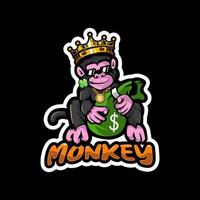 macaco rei segurando bolsa de dinheiro mordendo folha de trevo usando colar bitcoin logotipo de mascote dos desenhos animados