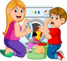 mãe e filho lavando roupa vetor