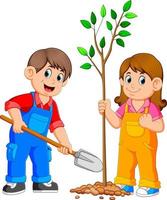 duas crianças plantando uma árvore vetor