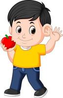 menino feliz mordendo a maçã vetor