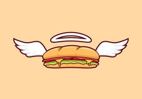 sanduíche de baguete de pão submarino com asa voando, sanduíche de baguete de anjo com ilustração de pão de asa vetor