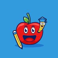 fruta de maçã inteligente e símbolo de verme da ilustração dos desenhos animados divertidos da educação vetor