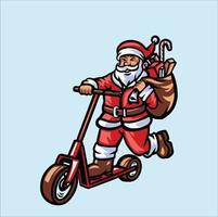 papai noel andando de scooter com presentes vetor