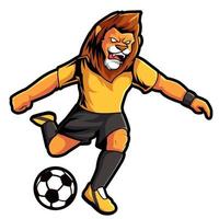 leão jogando ilustração vetorial de logotipo de mascote de futebol vetor