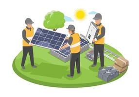 conceito verde de ecologia de serviço de equipe de instalador solar para ecologia da casa do cliente e vetor de isolamento isométrico de negócios eco