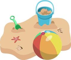 conjunto de balde infantil, bola de praia e pá com areia e concha, isolado no fundo branco vetor