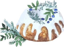 bolo de natal em aquarela com bagas de azevinho e galhos de árvores de natal no fundo transparente vetor