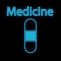 sinal de néon digital médico azul luminoso brilhante para uma farmácia ou loja hospitalar linda brilhante com emplastros e o medicamento de inscrição em um fundo preto. ilustração vetorial vetor