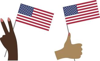 mãos segurando a bandeira da américa, conjunto de mãos de sinal de paz, pele escura e clara vetor