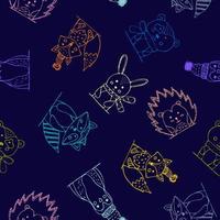 ilustração em vetor de um padrão perfeito com animais em um estilo ingênuo infantil em azul escuro. padrão de animais da floresta para tecido ou papelaria infantil