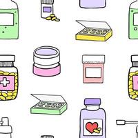 padrão sem emenda de farmácia. fundo com símbolos médicos e de saúde. ilustração em vetor estilo doodle desenhado à mão